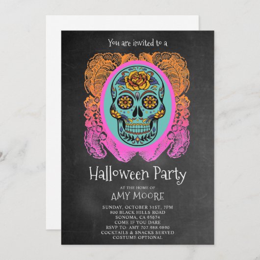 Halloween Sugar Skull Chalkboard Party Invitation Kaart (Voorkant / Achterkant)