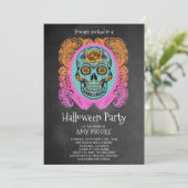 Halloween Sugar Skull Chalkboard Party Invitation Kaart (Staand voorkant)