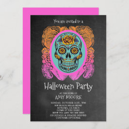 Halloween Sugar Skull Chalkboard Party Invitation Kaart