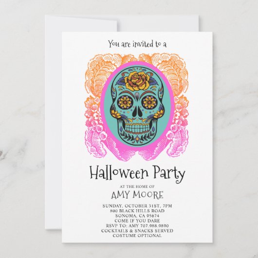 Halloween Sugar Skull Party Invitation Kaart (Voorkant)