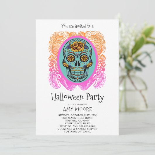 Halloween Sugar Skull Party Invitation Kaart (Staand voorkant)