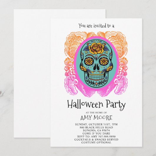 Halloween Sugar Skull Party Invitation Kaart (Voorkant / Achterkant)