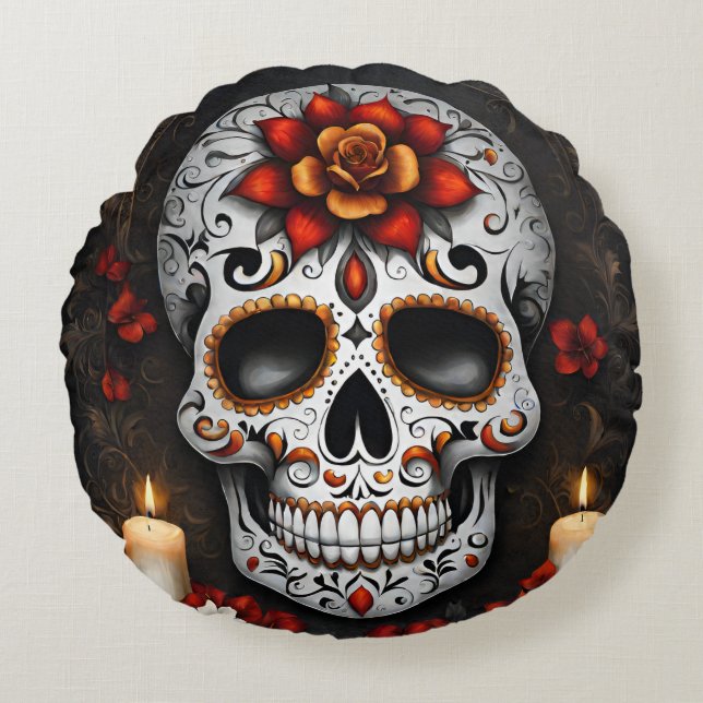 Halloween Sugar Skull Ronde Kussen (Voorkant)