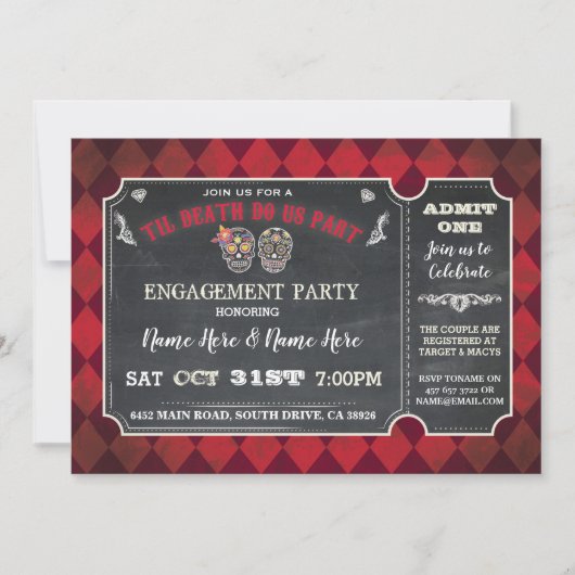 Halloween Sugar Skulls Ticket Party Red Invitation Kaart (Voorkant)