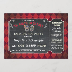 Halloween Sugar Skulls Ticket Party Red Invitation Kaart
