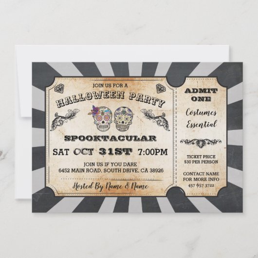 Halloween Sugar Skulls Ticket Party uitnodiging (Voorkant)