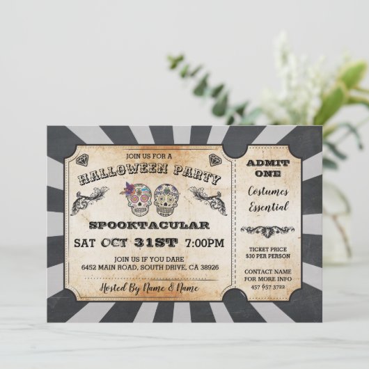 Halloween Sugar Skulls Ticket Party uitnodiging (Staand voorkant)