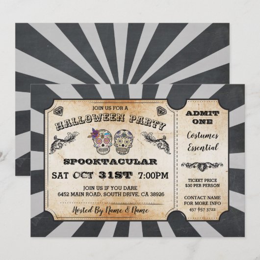 Halloween Sugar Skulls Ticket Party uitnodiging (Voorkant / Achterkant)