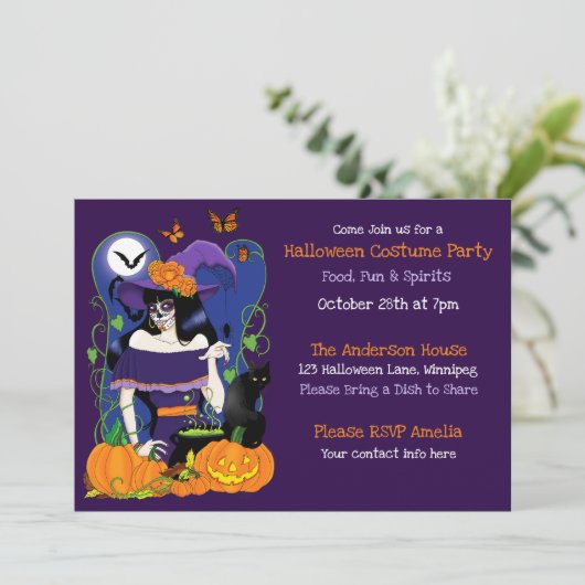 Halloween suiker schedel heks kaart (Staand voorkant)