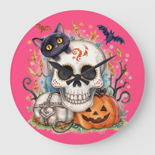Halloween,Suiker Schedel Kitty ,Schattig,Jack O La Grote Klok (Voorkant)