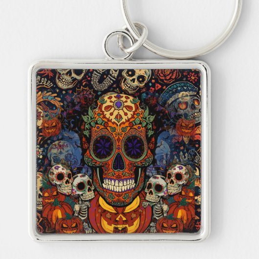 Halloween, Suiker Schedel Pompoen Feest, Calavera Sleutelhanger (Voorkant)