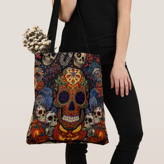 Halloween, Suiker Schedel Pompoen Feest, Calavera Tote Bag (Dichtbij)