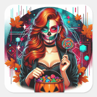 Halloween Suiker Schedel Snoep Meisje Vierkant Sti Vierkante Sticker