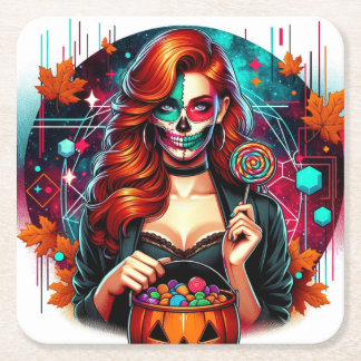Halloween Suiker Schedel Snoep Meisje Vierkante On Kartonnen Onderzetters