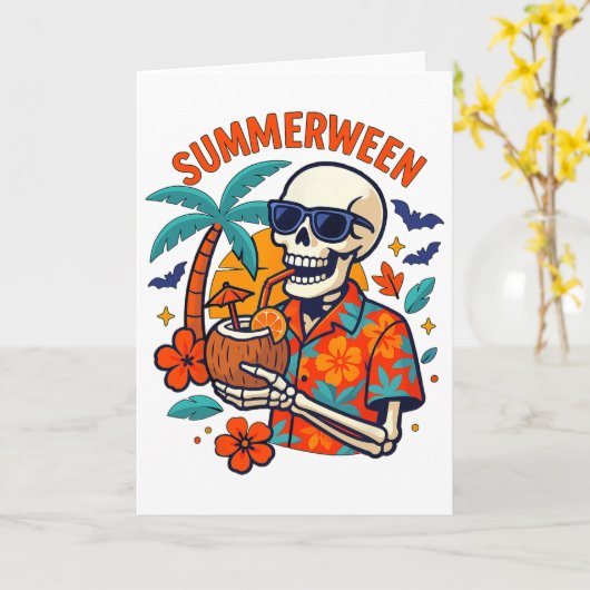 Halloween Summer Ween Skeleton Spooky Vacation Flo Kaart (Gele Bloem)