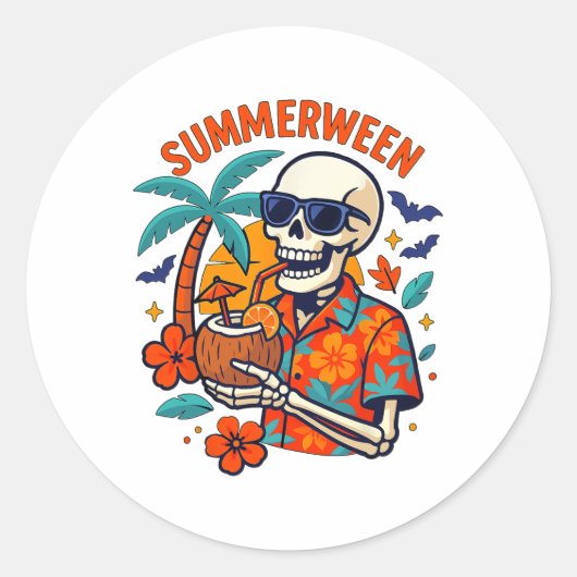 Halloween Summer Ween Skeleton Spooky Vacation Flo Ronde Sticker (Voorkant)