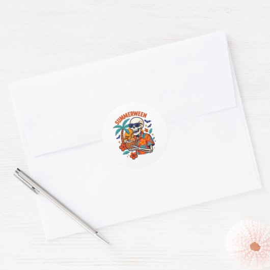 Halloween Summer Ween Skeleton Spooky Vacation Flo Ronde Sticker (Envelop)