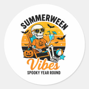 Halloween Summer Ween Vibes Spooky Skeleton Float Ronde Sticker