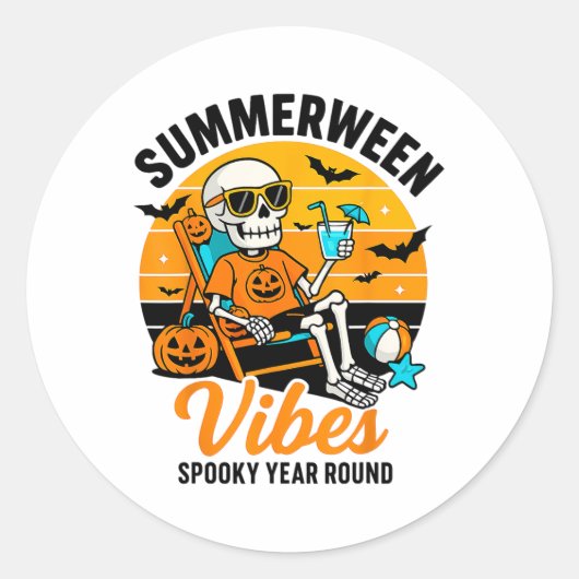 Halloween Summer Ween Vibes Spooky Skeleton Float Ronde Sticker (Voorkant)