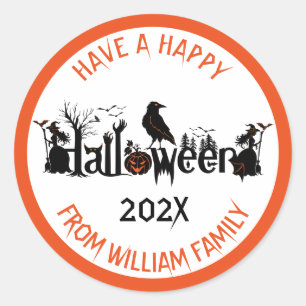 Halloween symbolen ontwerp aangepaste tekst ronde sticker