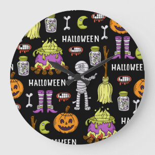 Halloween-symbolen, vintage naadloos thema grote klok