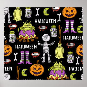 Halloween-symbolen, vintage naadloos thema poster