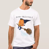Halloween T-Shirt Witch Pumpkin Flying Broom Funny (Voorkant)