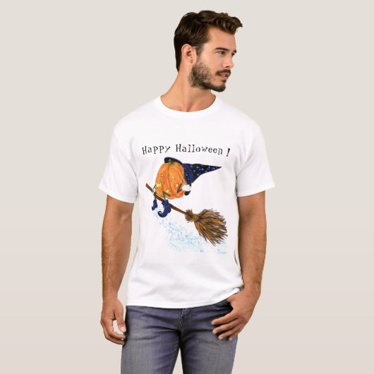 Halloween T-Shirt Witch Pumpkin Flying Broom Funny (Voorkant volledig)