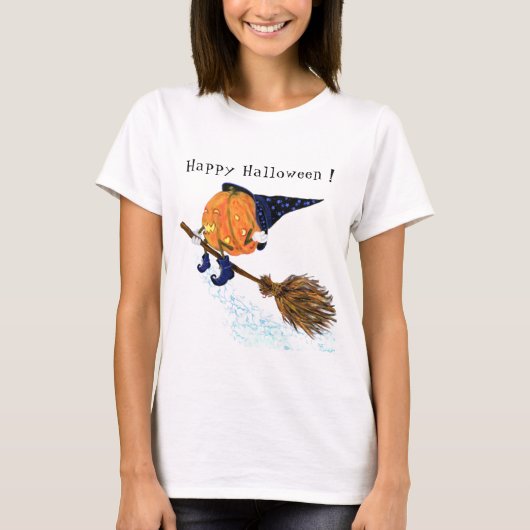 Halloween T-Shirt Witch Pumpkin vliegt met kamer (Voorkant)