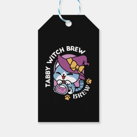 Halloween Tabby Cat – Witch Hat & Potion Art Cadeaulabel (Voorkant)