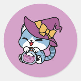Halloween Tabby Cat – Witch Hat & Potion Art Ronde Sticker