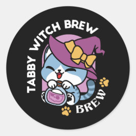 Halloween Tabby Cat – Witch Hat & Potion Art Ronde Sticker