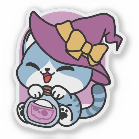 Halloween Tabby Cat – Witch Hat & Potion Art Sticker (Voorkant)