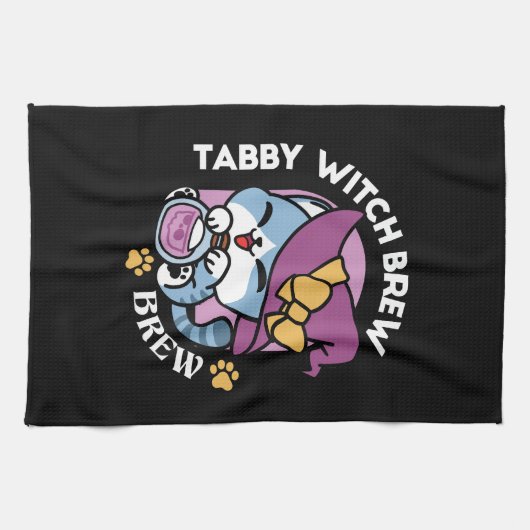 Halloween Tabby Cat – Witch Hat & Potion Art Theedoek (Horizontaal)