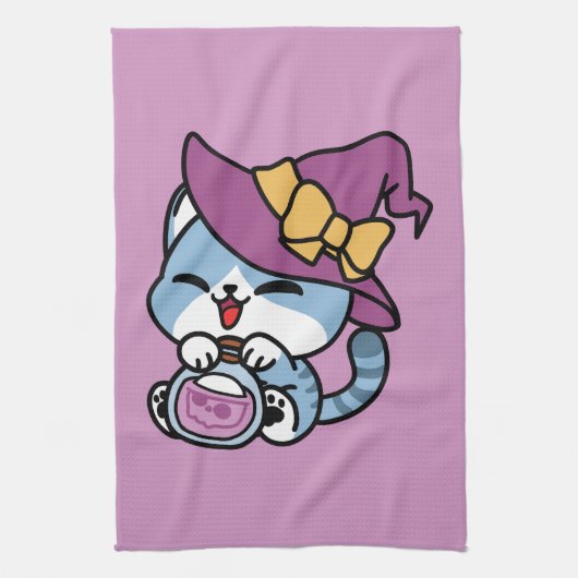 Halloween Tabby Cat – Witch Hat & Potion Art Theedoek (Verticaal)