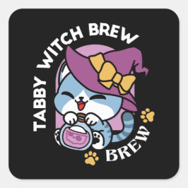 Halloween Tabby Cat – Witch Hat & Potion Art Vierkante Sticker