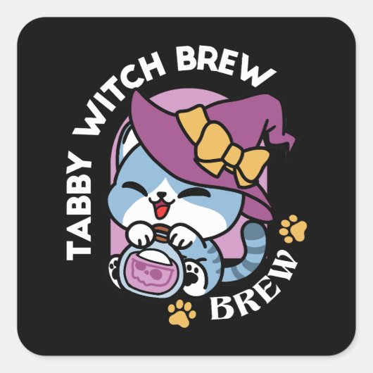 Halloween Tabby Cat – Witch Hat & Potion Art Vierkante Sticker (Voorkant)