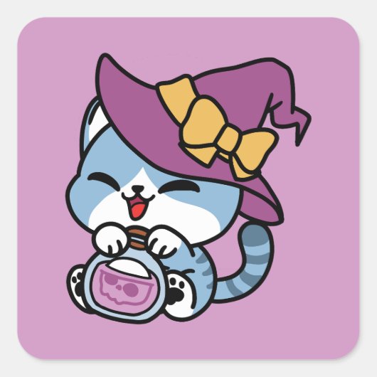 Halloween Tabby Cat – Witch Hat & Potion Art Vierkante Sticker (Voorkant)