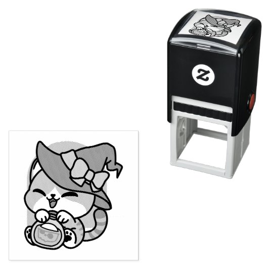 Halloween Tabby Cat – Witch Hat & Potion Art Zelfinktende Stempel (In situ)