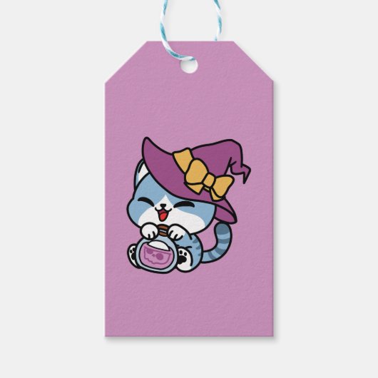 Halloween Tabby Kat – Heksenhoed & Toverdrank Kuns Cadeaulabel (Voorkant)