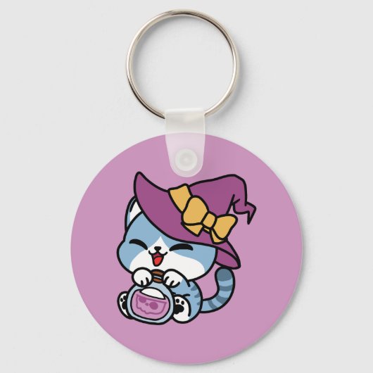 Halloween Tabby Kat – Heksenhoed & Toverdrank Kuns Sleutelhanger (Voorkant)
