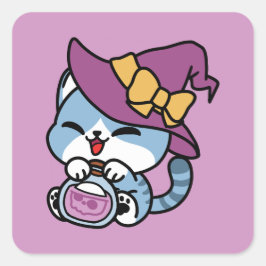 Halloween Tabby Kat – Heksenhoed & Toverdrank Kuns Vierkante Sticker