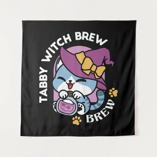 Halloween Tabby Kat – Heksenhoed & Toverdrank Kuns Wandkleed (Voorkant)