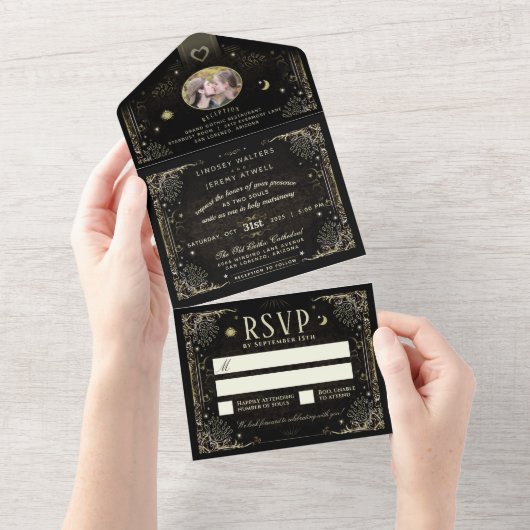 Halloween Tarot Black & Gold Photo All In One Uitnodiging (Afscheurbaar)