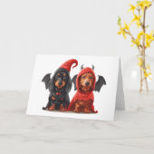 Halloween Teckel Honden Duivelsvleermuis Kaart (Gele Bloem)