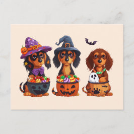 Halloween Teckel Honden Pompoen Snoep Bucket Briefkaart