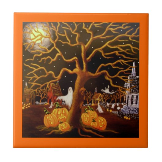 Halloween, tegels, geesten, Jack-O-Lantern, begraa Tegeltje (Voorkant)