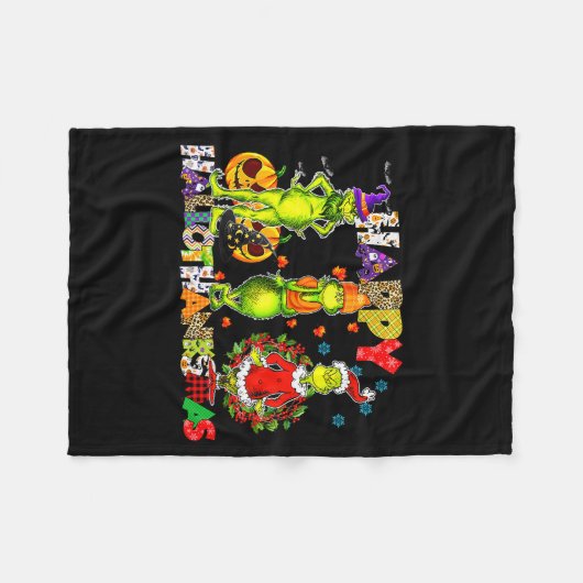 Halloween Thanksgiving Christmas, Happy Hallo Than Fleece Deken (Voorkant (Horizontaal))