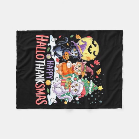 Halloween Thanksgiving Christmas Happy Hallothanks Fleece Deken (Voorkant (Horizontaal))