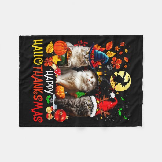 Halloween Thanksgiving Christmas Happy Hallothanks Fleece Deken (Voorkant (Horizontaal))